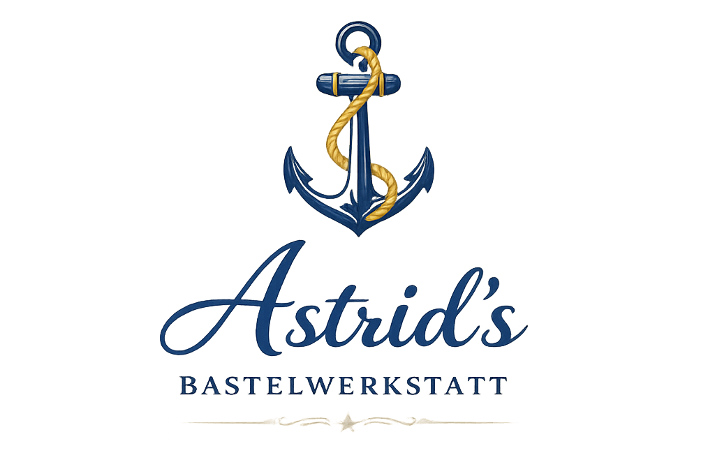 Astrid’s Bastelwerkstatt Logo mit maritimem Anker in Blau und Gold – handgemachte Deko- und Geschenkideen aus Ostfriesland